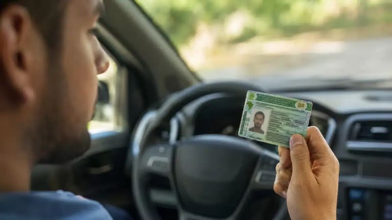Motorista brasileiro segurando a CNH dentro de um carro moderno, destacando o documento e a mão do condutor, com interior desfocado ao fundo.