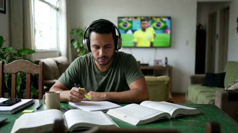 Homem estuda com fones e caderno enquanto um jogo da Seleção Brasileira passa na TV ao fundo