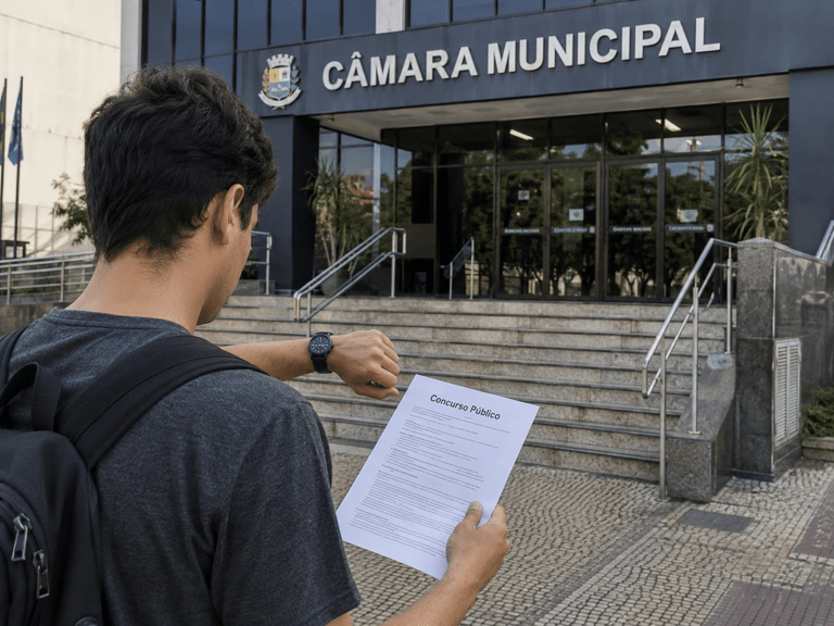 Candidato consulta relógio em frente à Câmara Municipal segurando documento de concurso público.