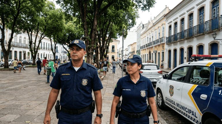 Dois guardas municipais uniformizados caminham ao lado de viatura na praça com casarões antigos.