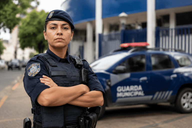 Mulher da Guarda Municipal de braços cruzados, farda azul-marinho e colete tático, viatura azul ao fundo.