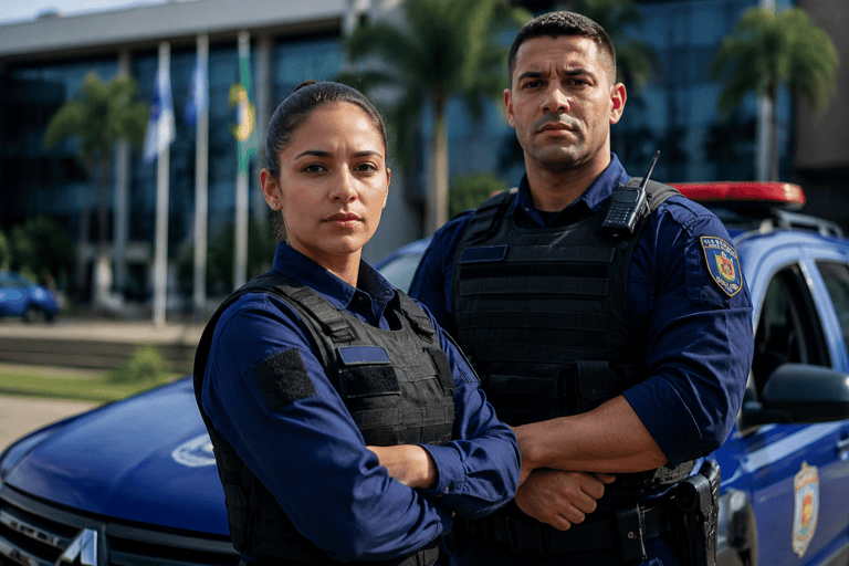 Dois guardas municipais brasileiros de braços cruzados frente a viatura azul, com bandeira do Brasil ao fundo.