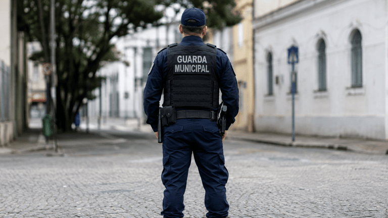 Guarda Municipal de costas fardado com inscrição “Guarda Municipal” no uniforme.