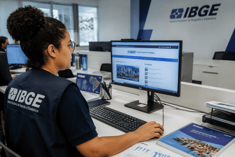 Funcionária do IBGE com colete azul-marinho usa computador acessando site do instituto em escritório com logo na parede.