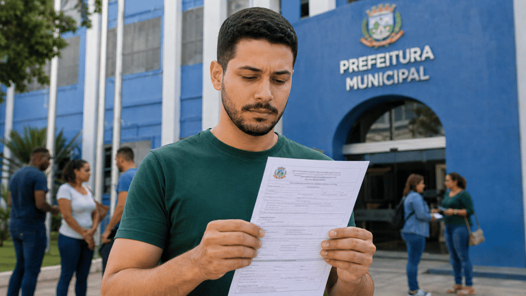 Homem segurando formulário na entrada da Prefeitura Municipal, pessoas conversando ao fundo, fachada azul.