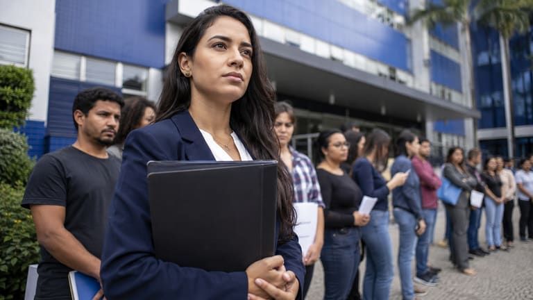 Jovem advogada segura pasta em fila diante de prédio público, representando concurso com vagas para advogado, professor e nutricionista.