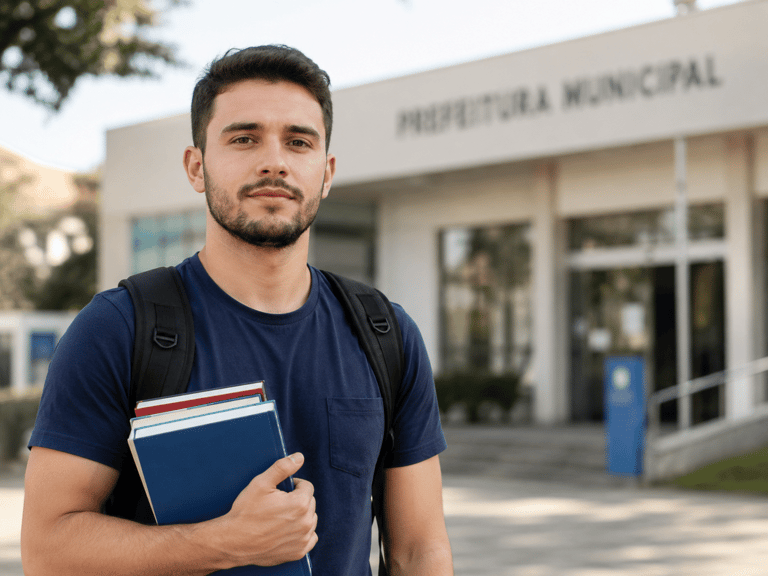 Jovem com livros e mochila em frente à Prefeitura Municipal.