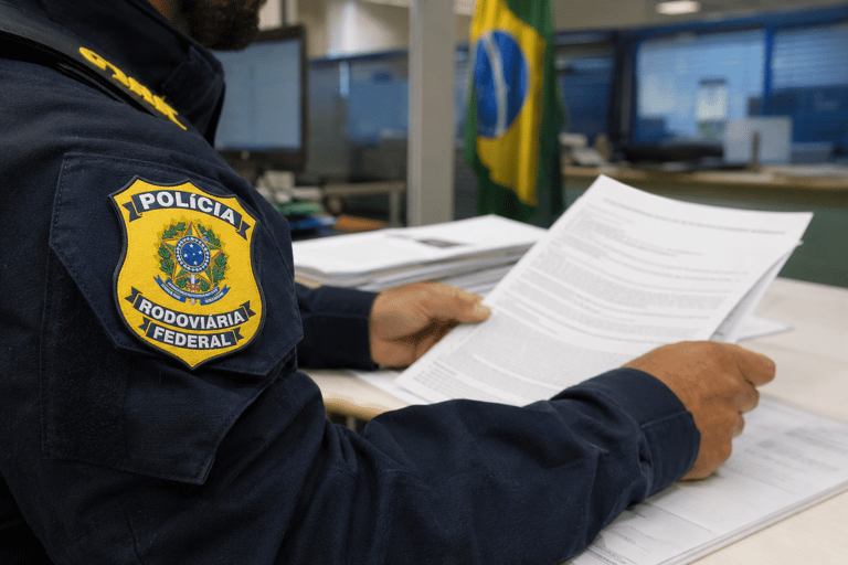 Policial Rodoviário Federal uniformizado lê folhas de documentos em mesa de escritório com bandeira brasileira ao fundo.
