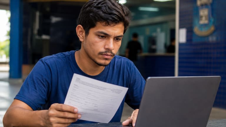 Jovem segura ficha de inscrição e consulta notebook em ambiente de órgão público para concurso da Prefeitura e da Câmara.