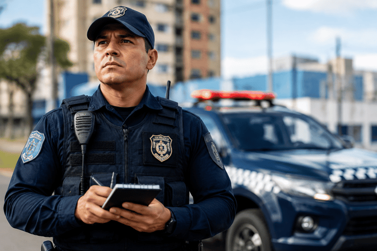 Guarda municipal de boné azul segura bloco de anotações em frente à viatura com giroflex.