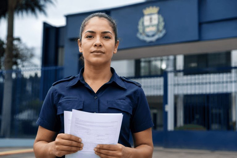 Mulher com uniforme azul marinho da guarda municipal segura documentos em frente a prédio com brasão oficial.