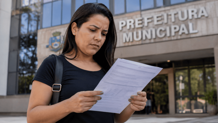 Mulher segura e lê papel na entrada da prefeitura municipal com expressão de preocupação.