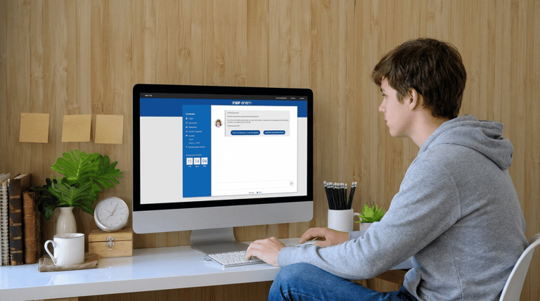 Jovem acessa a Página do Participante do Enem no computador para realizar a confirmação de participação no Enem.
