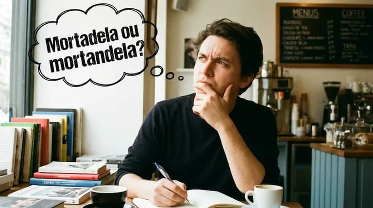 Homem pensativo com dúvida: Mortadela ou mortandela?