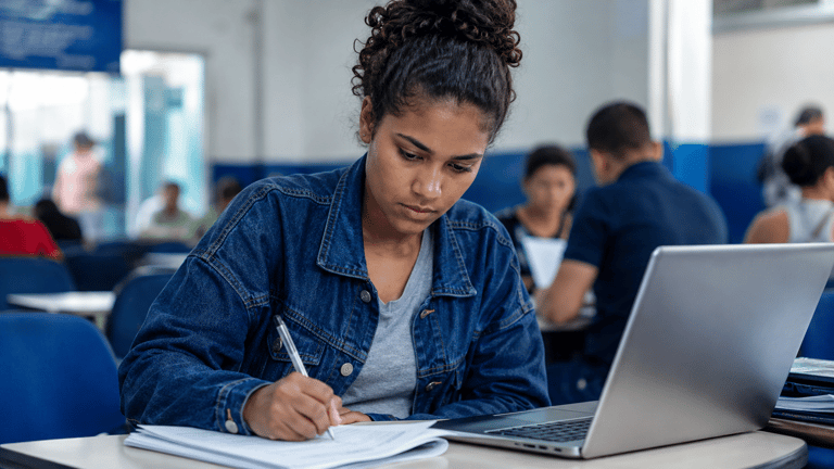Jovem mulher concentrada escrevendo em caderno ao lado de laptop em sala de aula.