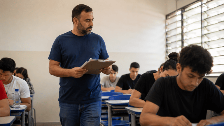 Professor com barba e camiseta azul vigia estudantes concentrados fazendo prova em sala iluminada.
