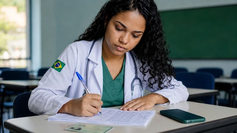 Médica brasileira escrevendo em uma sala de aula, com celular e documento sobre a mesa, representando a inscrição para o Enamed 2026.