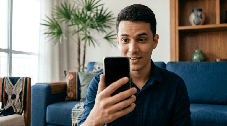 Homem sorri ao olhar para o smartphone enquanto está sentado na sala de casa