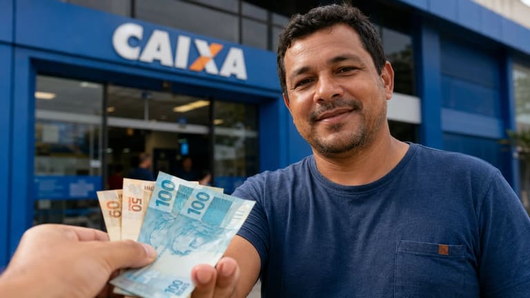 Homem recebe cédulas de real em frente a uma agência da Caixa, representando pagamento de R$ 1.000 que será liberado para CPFs com finais 0 a 9.