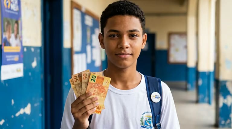Estudante segurando notas de dinheiro do programa Pé-de-Meia, recebendo pagamento de junho.