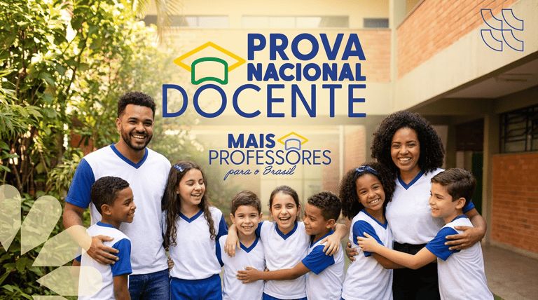 Educadores ao lado de alunos uniformizados em pátio escolar com a logomarca da Prova Nacional Docente em destaque.