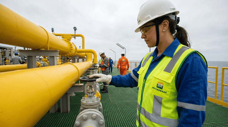 Funcionária Petrobras com colete verde e capacete branco ajusta válvula em tubulação amarela em plataforma marítima.