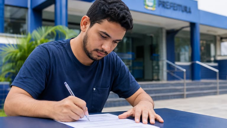 Rapaz de camiseta azul escura escreve em documento sentado à mesa diante da fachada da prefeitura.