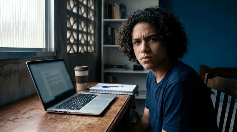 Jovem estudante sentado diante de um notebook sobre a mesa