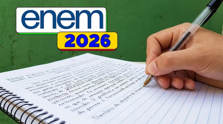 Imagem ilustrativa sobre a redação do Enem 2026, com caderno, caneta e destaque para a preparação do texto dissertativo-argumentativo.