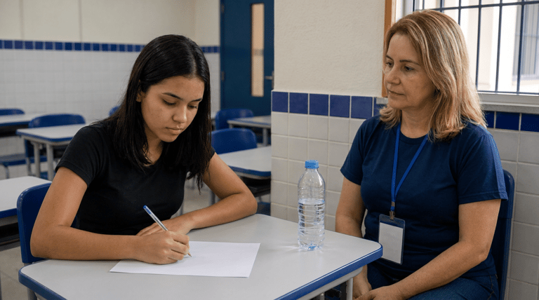 Candidata escreve em folha de prova acompanhada por aplicadora ao lado em sala de aula