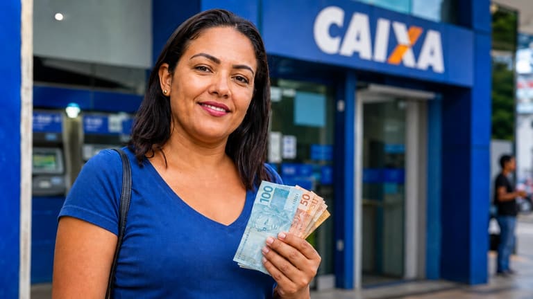 Mulher segurando cédulas de real em frente a uma agência da Caixa, representando saque de R$ 6.220 em cidades habilitadas.