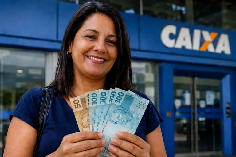 Mulher sorrindo com notas de reais em frente a uma agência da Caixa, representando o saque de R$ 6.220.